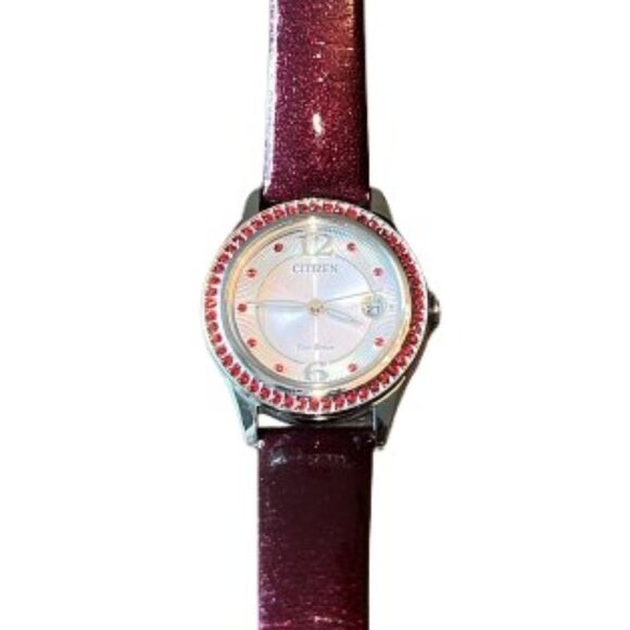 Citizen Eco-Drive Silhouette Crystal Jewel Dark Red Leather Strap Watch- EUC - Picture 3 of 8
